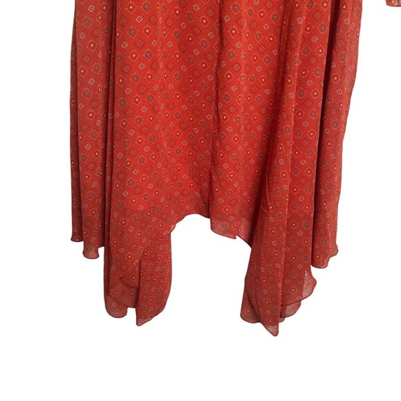 Boho Handkerchief hem Dress Women Large 12/14 red Orange print Long Sleeve - Picture 5 of 16